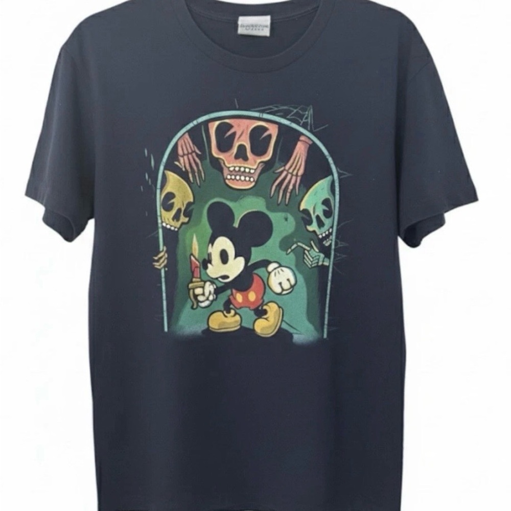 Disney Black Graphic Tee with Mickey and Skeletons